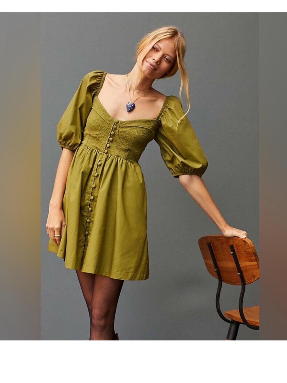 Anthropologie Olive Green Puff-Sleeve Mini Dress